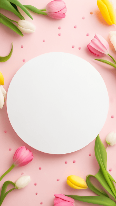 创意清新情人节花朵粉色郁金香春天白色圆框设计