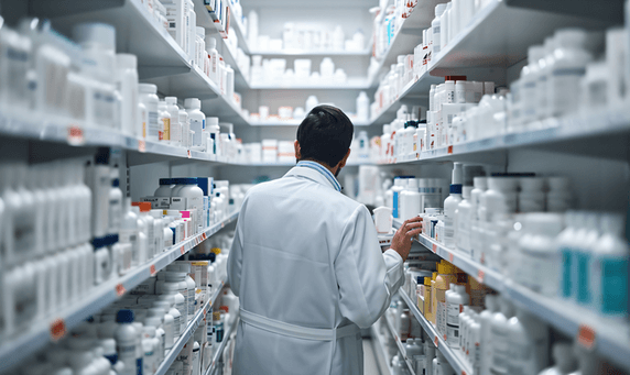 创意医疗在药店里工作的药剂师药店药物药品货架