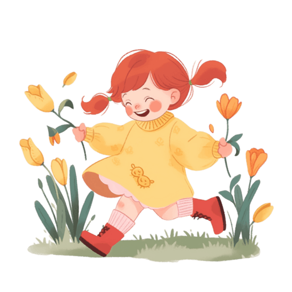 创意春天可爱女孩花丛奔跑儿童卡通手绘元素