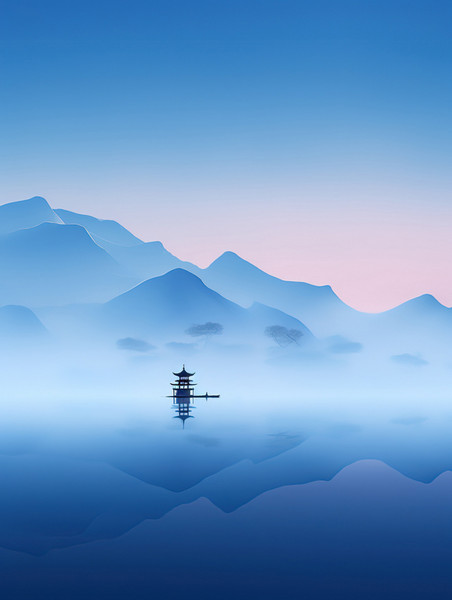 创意水中山景传统建筑中国风意境山水冬天插画设计