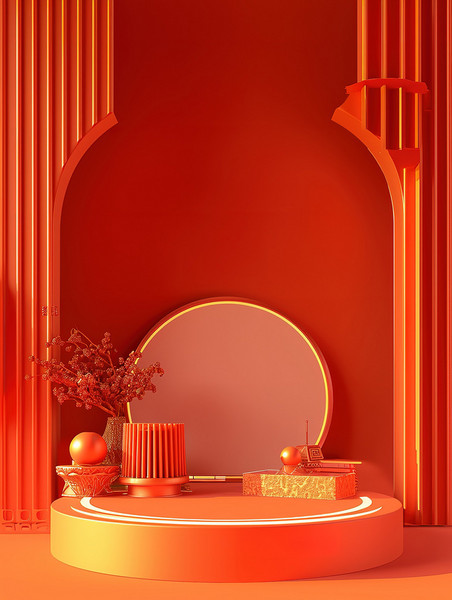 创意橙色春节简约类电商展台舞台新年3D背景