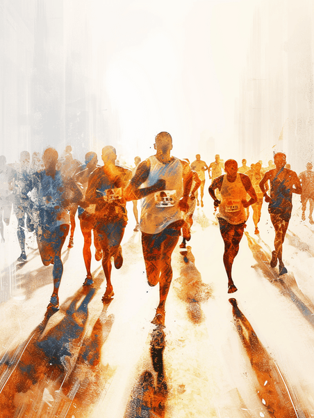 创意城市马拉松跑步者奔跑运动员水彩插画