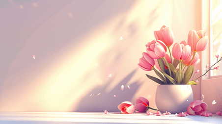 创意简约浪漫春天植物郁金香唯美白色花瓶里插花的背景