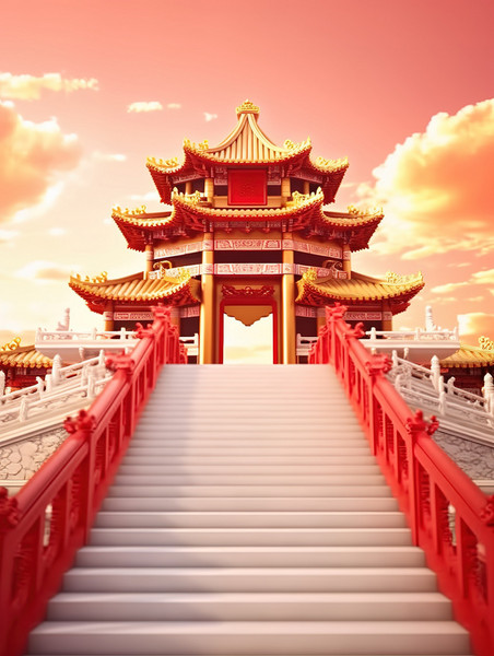 创意楼梯中国建筑传统国潮中国风建筑亭台楼阁矢量插画