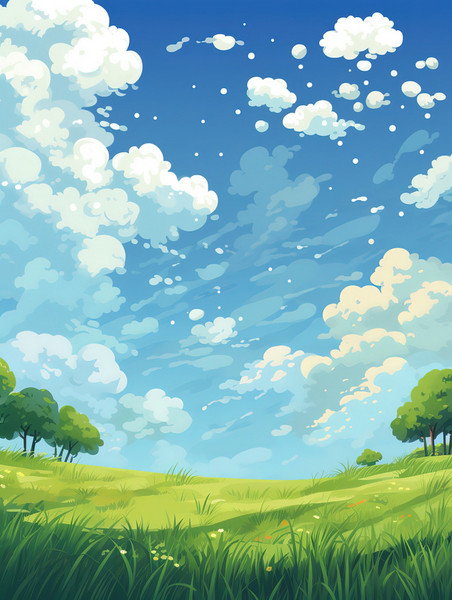 创意天空春天春季云朵葱郁的草地插画设计