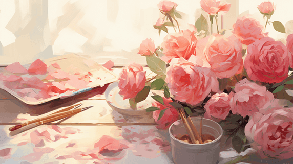 创意唯美浪漫粉色花瓣水彩七夕情人节玫瑰花插画1