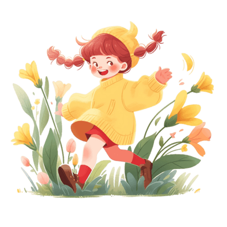 创意春天儿童手绘可爱女孩奔跑花丛卡通元素