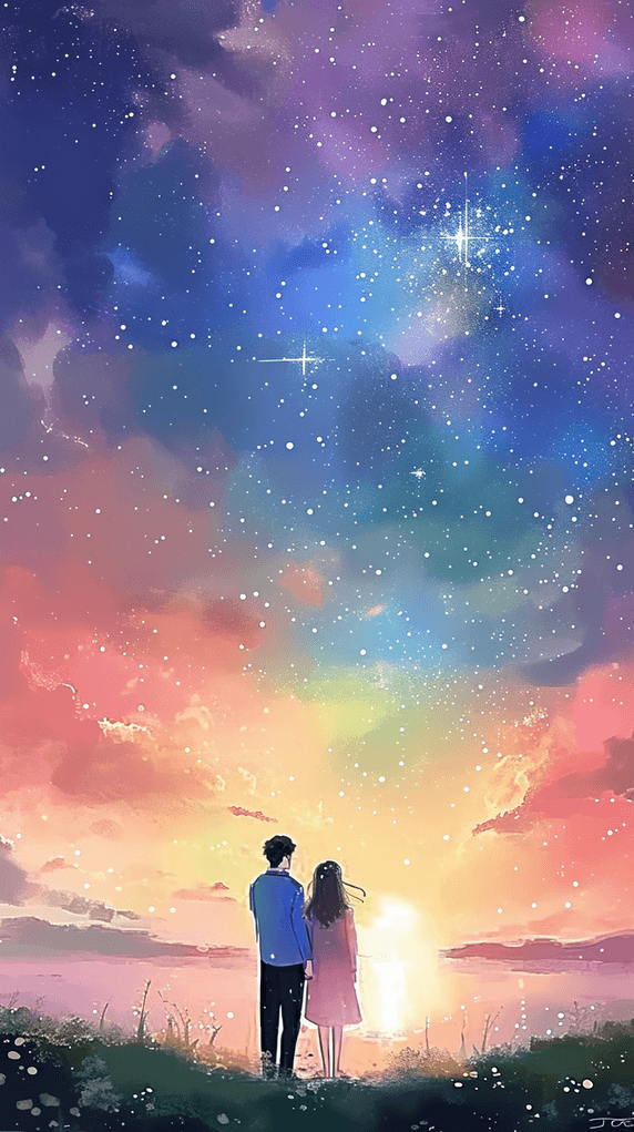 创意浪漫情人节情人情侣浪漫约会星空背影插画21