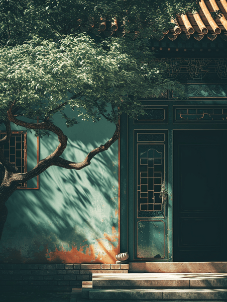 创意中国风古典建筑风景中式意境庭院插画3