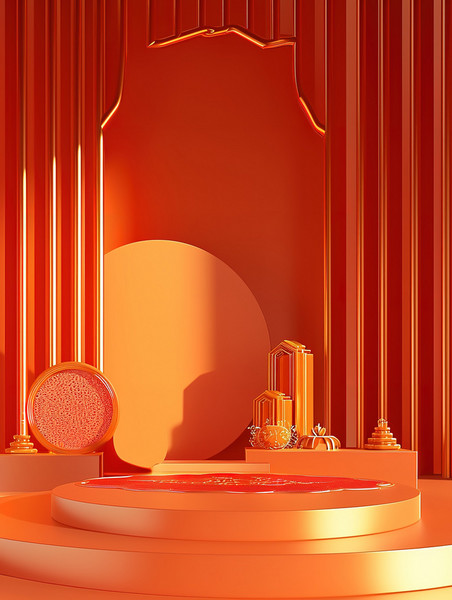 创意橙色舞台新年春节简约类电商展台3D背景