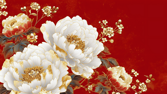 创意春节红色喜庆花开富贵国潮白色牡丹植物背景17