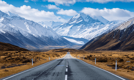 创意雪山下的公路新西兰自驾风光道路企业励志雪山高山