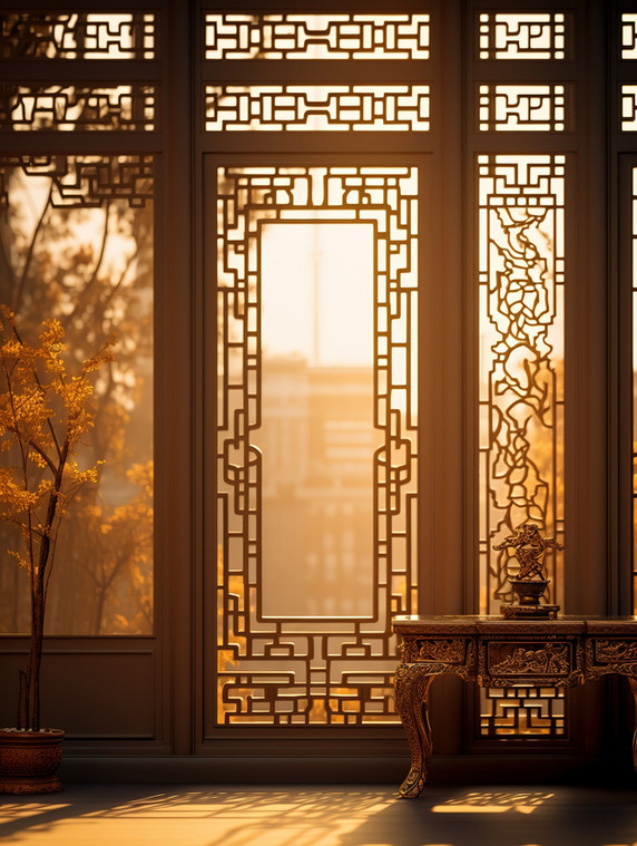中国风意境门窗剪影创意复古窗户光影传统建筑插画