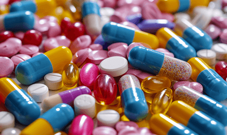 创意各种颜色彩色的药片和胶囊药物药品药丸