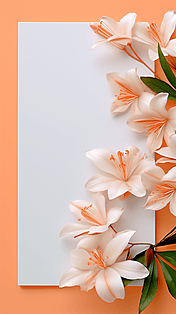 创意新春橙白色花朵剪纸贺卡邀请函百合花春天边框背景