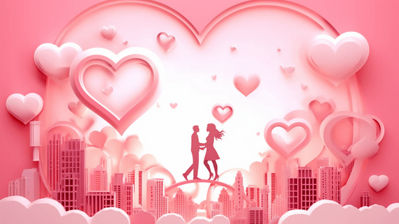 创意粉色系剪纸风浪漫约会情侣人物七夕情人节插画3