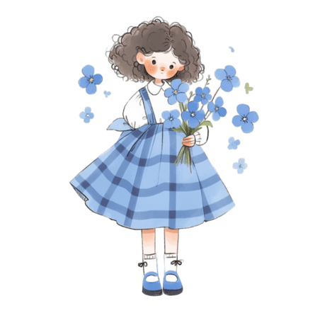 创意手绘春天可爱女孩花卉卡通蓝色水彩人物儿童元素