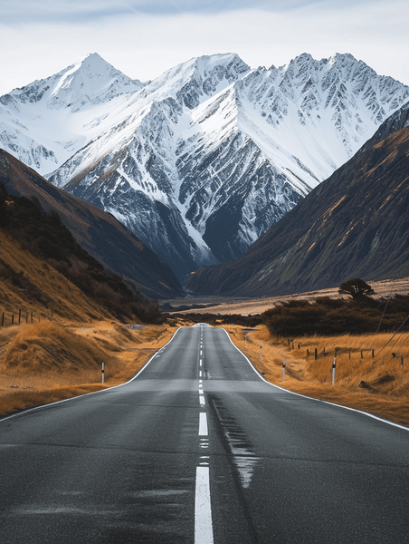 创意雪山下的公路新西兰自驾风光高山雪山道路