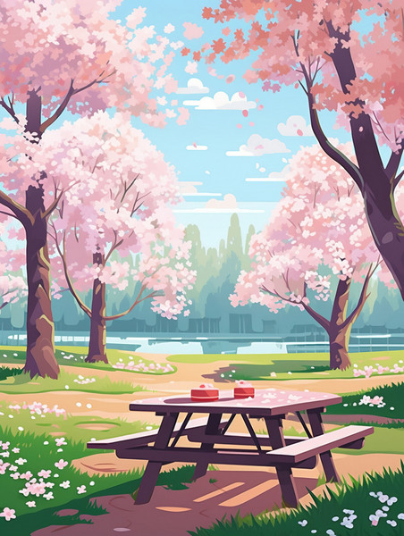 创意樱花树下长椅野餐素材