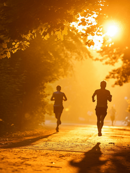 创意迎着阳光晨跑跑步的人锻炼运动马拉松晨练