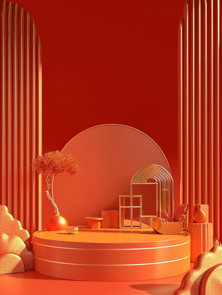 创意橙色舞台新年3D春节简约类电商展台背景