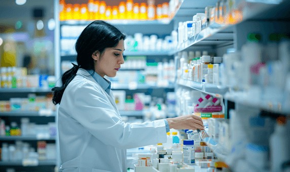 创意药店药物药品货架在药店里工作的药剂师