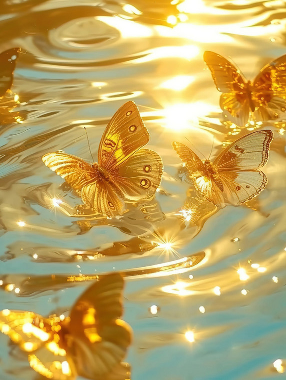 创意水面上闪闪发光橙色的蝴蝶金色浪漫壁纸