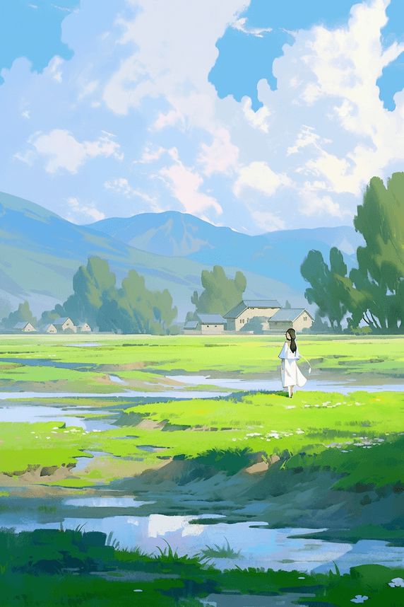 创意文艺唯美春天绿色的草地插画小溪手绘