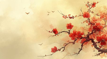 创意简约中国风植物梅花清新唯美树枝花朵开放的插画26
