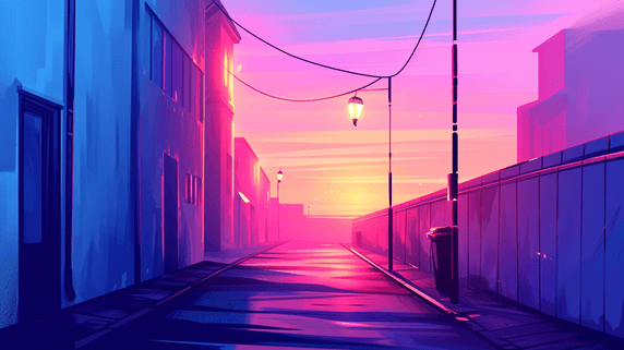 创意夕阳紫色天空唯美浪漫落日下的田园风光插画9