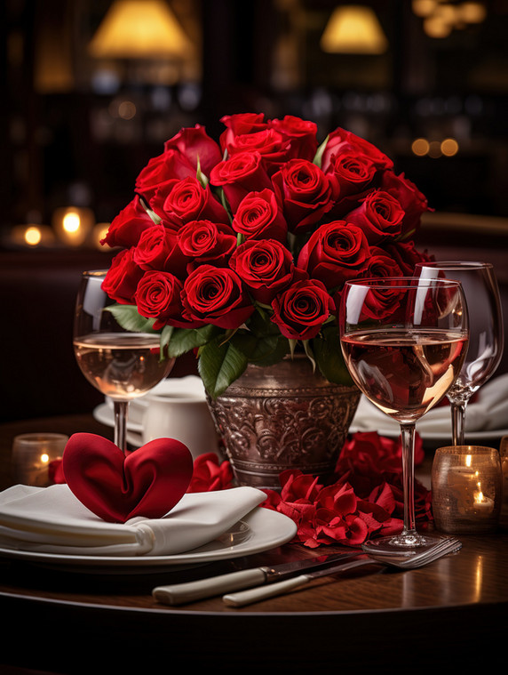 创意情人节约会餐厅布置玫瑰花浪漫背景素材