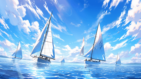 创意手绘航海励志大海蓝天白云下海上帆船的插画6