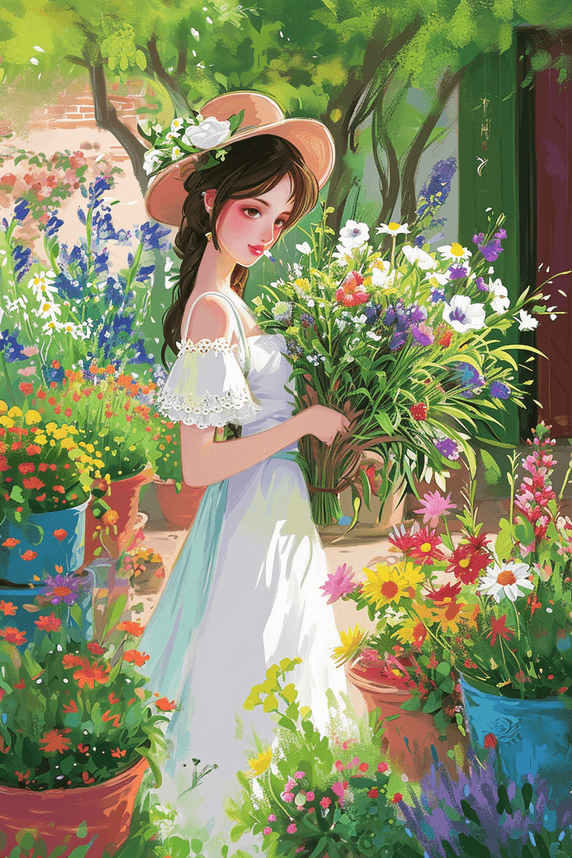 创意浪漫春天时尚女孩花园唯美手绘矢量插画