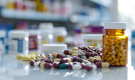 创意药房柜台桌面上的药品吃药医疗治疗健康