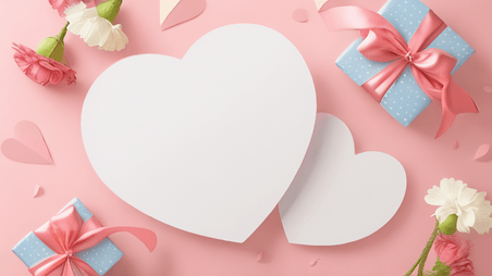 创意清新粉色情人节花朵爱心白色圆框背景素材