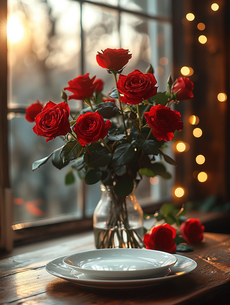 创意浪漫情人节桌子上摆满玫瑰约会餐厅