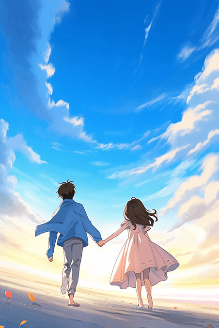 创意浪漫约会情人节情侣散步沙滩卡通插画设计