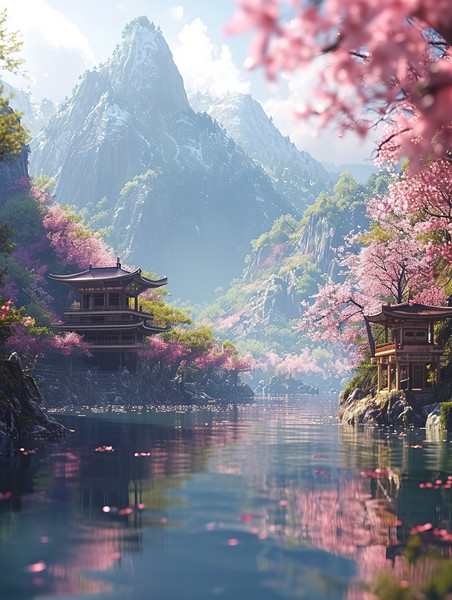 创意中国风春天美丽的桃花林湖泊背景图片