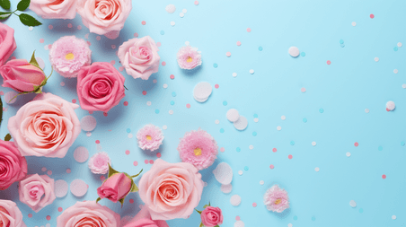 创意情人节蓝色背景上的粉色玫瑰花瓣背景
