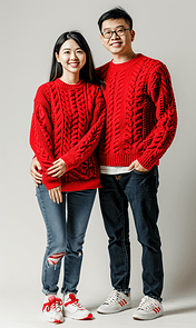 创意春节中国年情侣人像摄影红色毛衣拜年亚洲人像