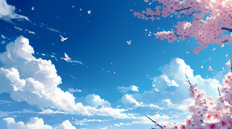 创意春天蓝天白云樱花桃花天空背景