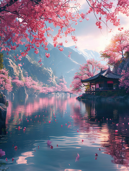 创意春天美丽的桃花林湖泊中国风插画