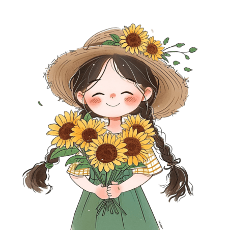 创意春天可爱女孩人物向日葵花手绘元素卡通头像