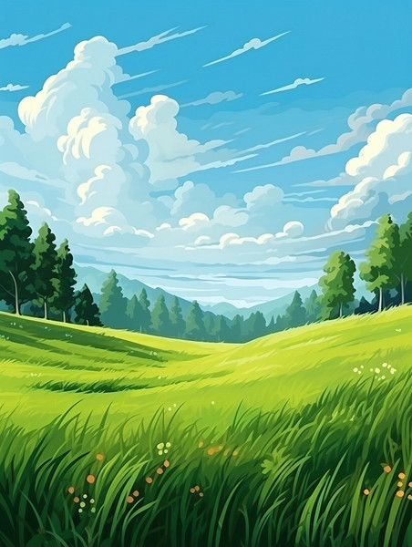 创意天空春天春季草原云朵葱郁的草地插画素材