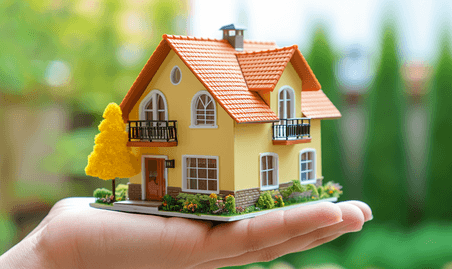 创意贷款房产在手里托住房子模型资产贷款房贷特写