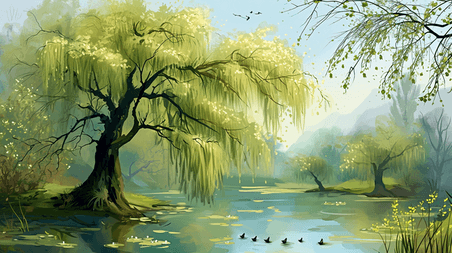 创意春天柳树风景优美的森林公园里河边有树木的插画19