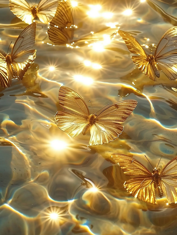创意水面上闪闪发光橙色的蝴蝶插图金色浪漫壁纸
