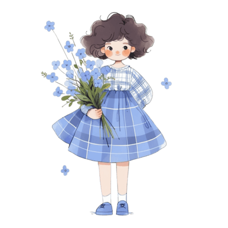 创意春天手绘元素可爱女孩蓝色水彩人物儿童花卉卡通