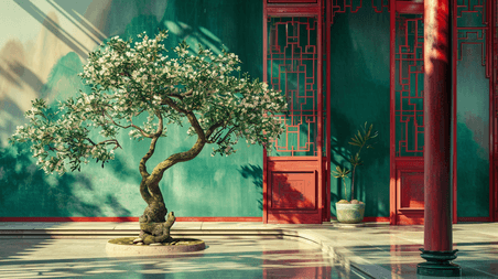 创意中国手绘庭院建筑古风绿色复古古院的插画24