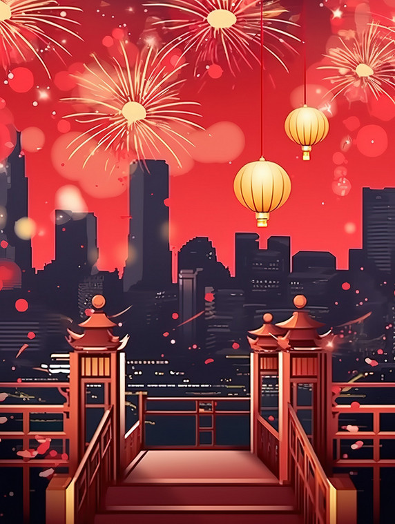创意灯笼和烟花新年喜庆跨年除夕元宵节背景插画